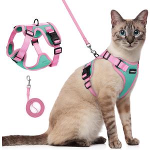 rabbitgoo Cat Harness and Leash Set, Escape Proof Soft Adjustable Vest Harnesses for Outdoor Walking, Easy Control Breathable Kitten Jacket with Reflective Strips, Green & Pink, S