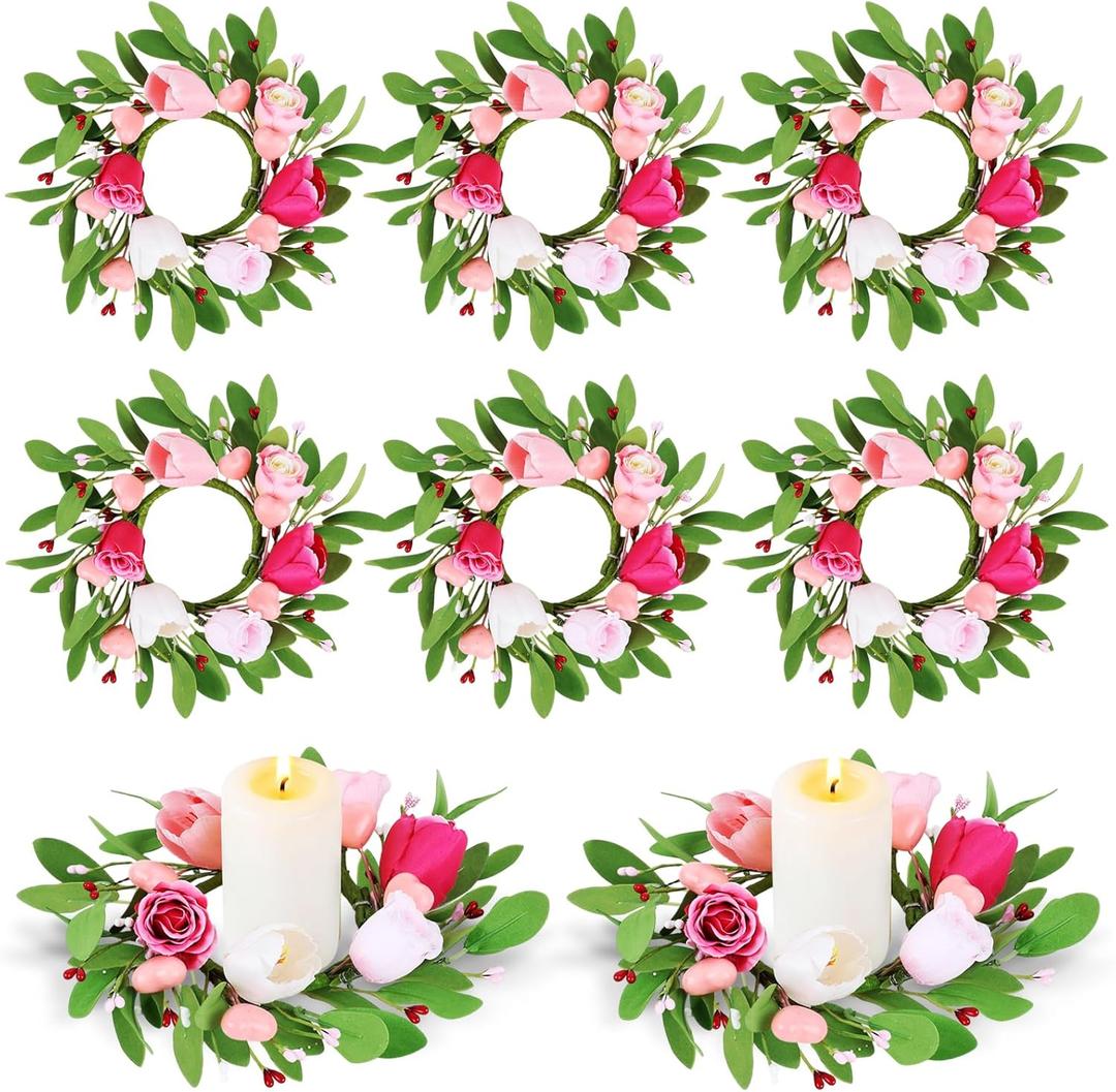 8 PCS Valentine Candle Rings Wreaths 9" Rose Tulips Flowers Candle Holder Rings Valentines Wreaths for Front Door for Window Front Door Flowers Wedding Anniversary Party Decoration