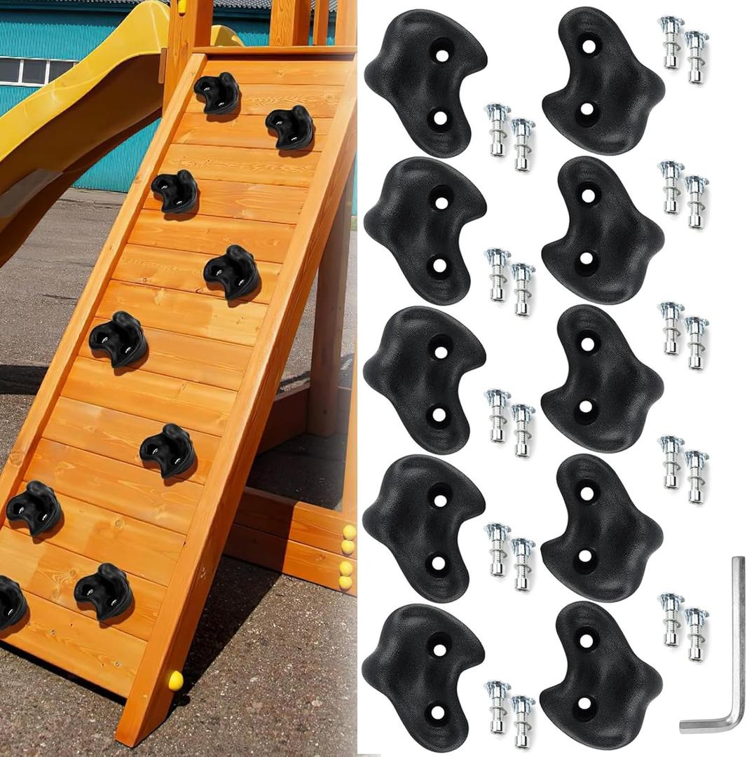 10 Pack Rock Climbing Holds Extra Large for Kids/Adult, DIY Rock Wall Climbing Holds with Mounting Hardware Indoor Outdoor Playground Backyard Park Play Set (Pure Black)