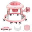 aby Walker with Wheels, One-Touch Folding Baby Walkers, 7-Speed Height Adjustment with Large Dinner Plate, Anti-Roll 8-Wheel with Brake for 6-18 Months Baby, Full Pink