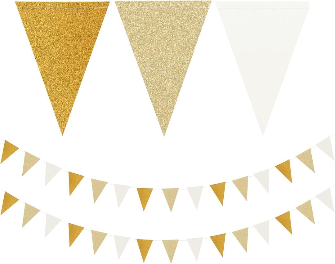 White-Gold Champagne Party-Decorations Banner,2 Pack Christmas Wedding Engagement Hanging Paper Triangle Pennant Flags Streamers,Bachelorette Neutral Baby Bridal Shower Supplies Decor Lasting Surprise