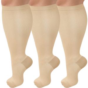 3 Pack Plus Size Compression Socks for Women & Men, Extra Wide Calf Knee High Stockings for Circulation Support (Beige, XXXL)