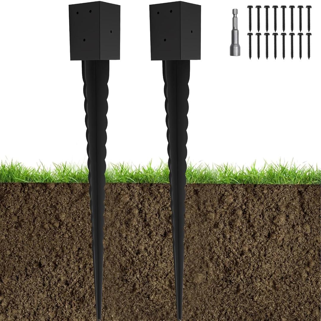 2 Pcs 4"x4" Fence Post Anchor Ground Spike 32"(Actual 3.6"x3.6") Heavy Duty Metal Fence Post Anchor with Black Powder-Coated for Deck, Fence, Porch, Railing, Mailbox