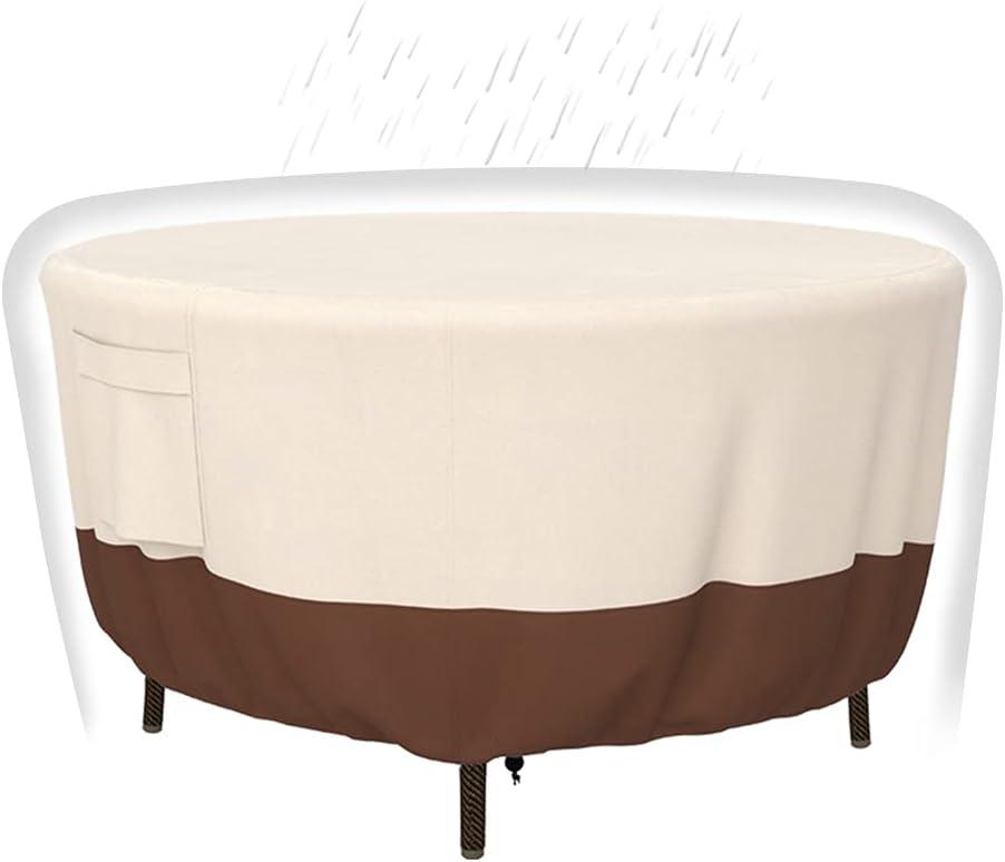 Patio Furniture Covers, Heavy Duty Round Patio Table Cover (62D x 28H Inch) Outdoor Dining & Coffee Table Cover for Veranda, Lawn, Table, Chair-Waterproof & Weather Resistant, Anti UV - Beige & Brown