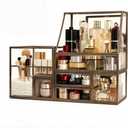 Luxury Glass Makeup Organizer Antique Bronze Metal Frame, Clear Vanity Countertop Storage Case for Cosmetics, Skincare, Perfume, Jewelry, Brush Holder & Drawers for Bathroom, Bedroom, Dressing Table
