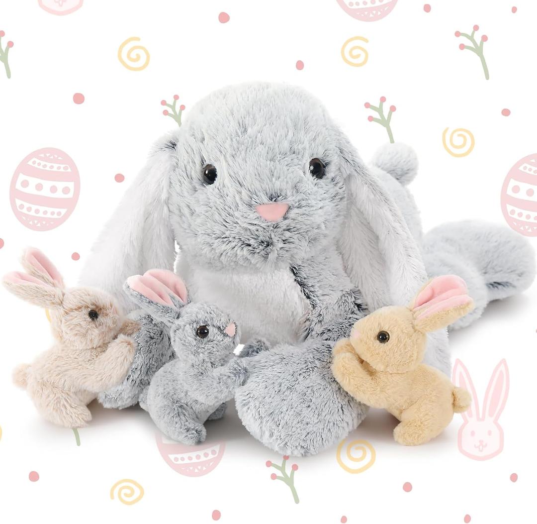 BENINY 4Pcs Easter Bunny Stuffed Animal- 24" Big Stuffed Bunny Rabbit Plush Toy Gifts for Kids - Cuddly Mommy Bunny Surprise with 3 Small Bunnies Inside