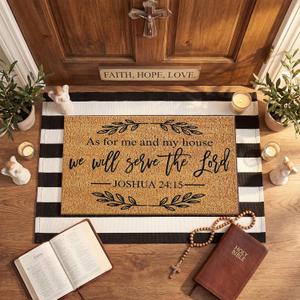 Moucuny 2 Pcs Christian Door Mat 24'' x 35'' Black and White Striped Outdoor Rug 16'' x 28'' as for Me and My House We Will Serve the Lord Non Slip Welcome Coir Mat for Front Decor