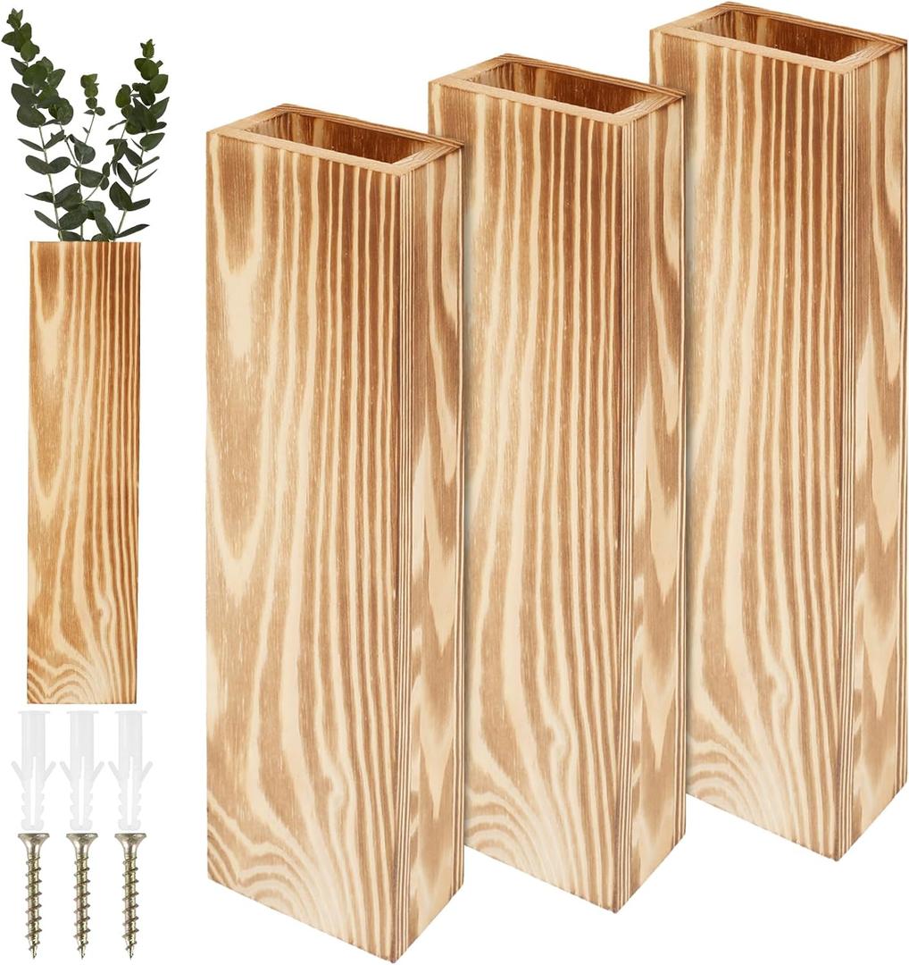 3Pcs Wood Wall Planter for Indoor Decorative Wood Wall Pocket Stylish Wood Hanging Vase 11.82.81.57 Inch Wood Wall Vase Wooden Pocket Vase for Dried Flowers and Faux Greenery Q