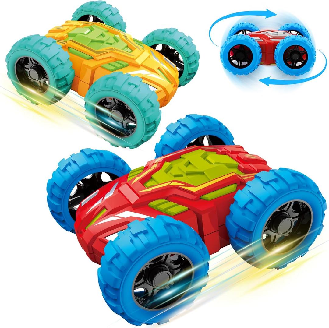 Toddlers Car Toys for 1-3, Toys Cars for Ages 2-4, Double-Sided Monster Truck Toys, Stunt Push and Go Friction Cars, 3 Year Old Boy Toys, Toy Cars for 2 3 4 5 6 Year Old Boy Christmas Birthday Gift (Medium, Yellow and Red)