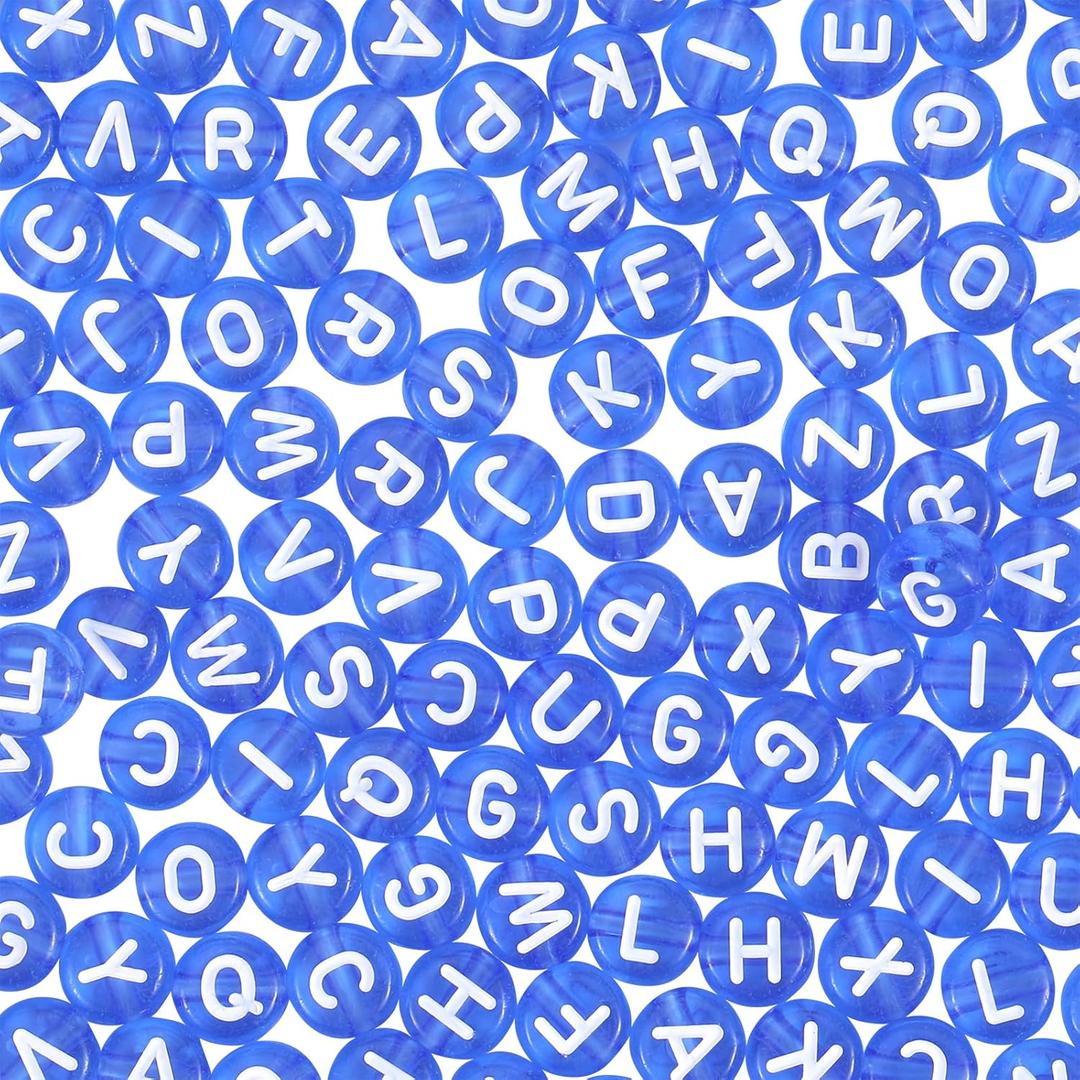 BEEFLYING 1480Pcs 7MM Transparent Acrylic Alphabet Beads Flat Round Disc A-Z White Letter Spacer Beads for DIY Friendship Boho Bracelet Hawaii Summer Holiday Surfing Jewelry Making (Blue Color)