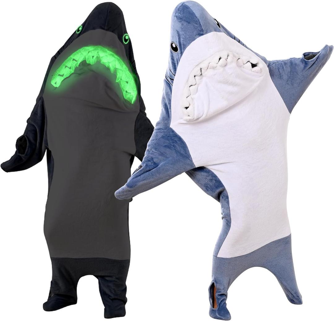 Glow in The Dark Shark Blanket for Adult, Shark Costume with Shiny Eyes and Teeth, Shark Onesie as Gift for Lover, Shark Hoodie for girls, Shark Sleeping Bag, S Size for 45-53 Inch Height