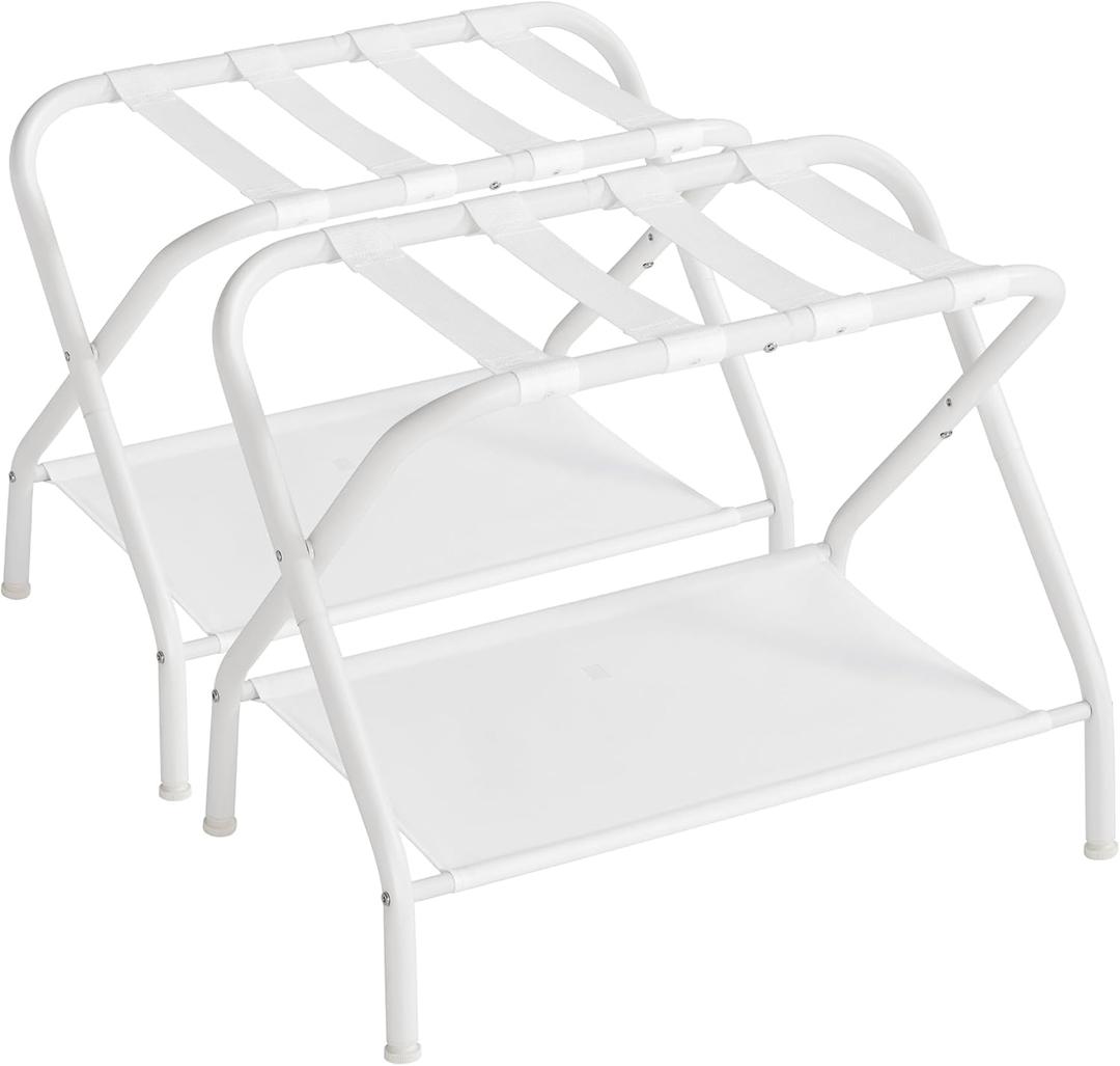 SONGMICS Luggage Racks, Set of 2, Suitcase Stand with Fabric Storage Shelf, for Guest Room, Bedroom, Hotel, Foldable, Holds up to 110 lb, 27.2 x 15 x 20.5 Inches, Cloud White RLR002W02