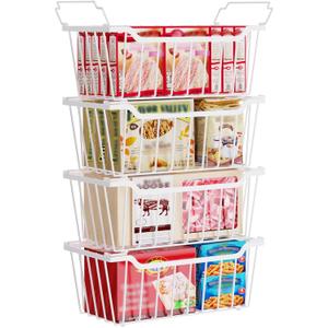 Freezer Organizer Bins, 4 Pack Chest Freezer Organizer Stackable for 5-7 Cu.FT Deep Freezer Sort Frozen Meats and Food, Freezer Storage Baskets with Handles Easy Reach from Bottom, White