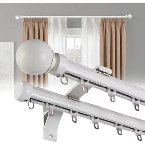 Double Curtain Rods for Windows, Heavy Duty Dual Rod Wall Mount Track Slilent Aluminum Alloy Brackets with Decorative Round Finials Rail for Bedroom/Living Room/Window/Hotel (White,1.2m(3.9ft))
