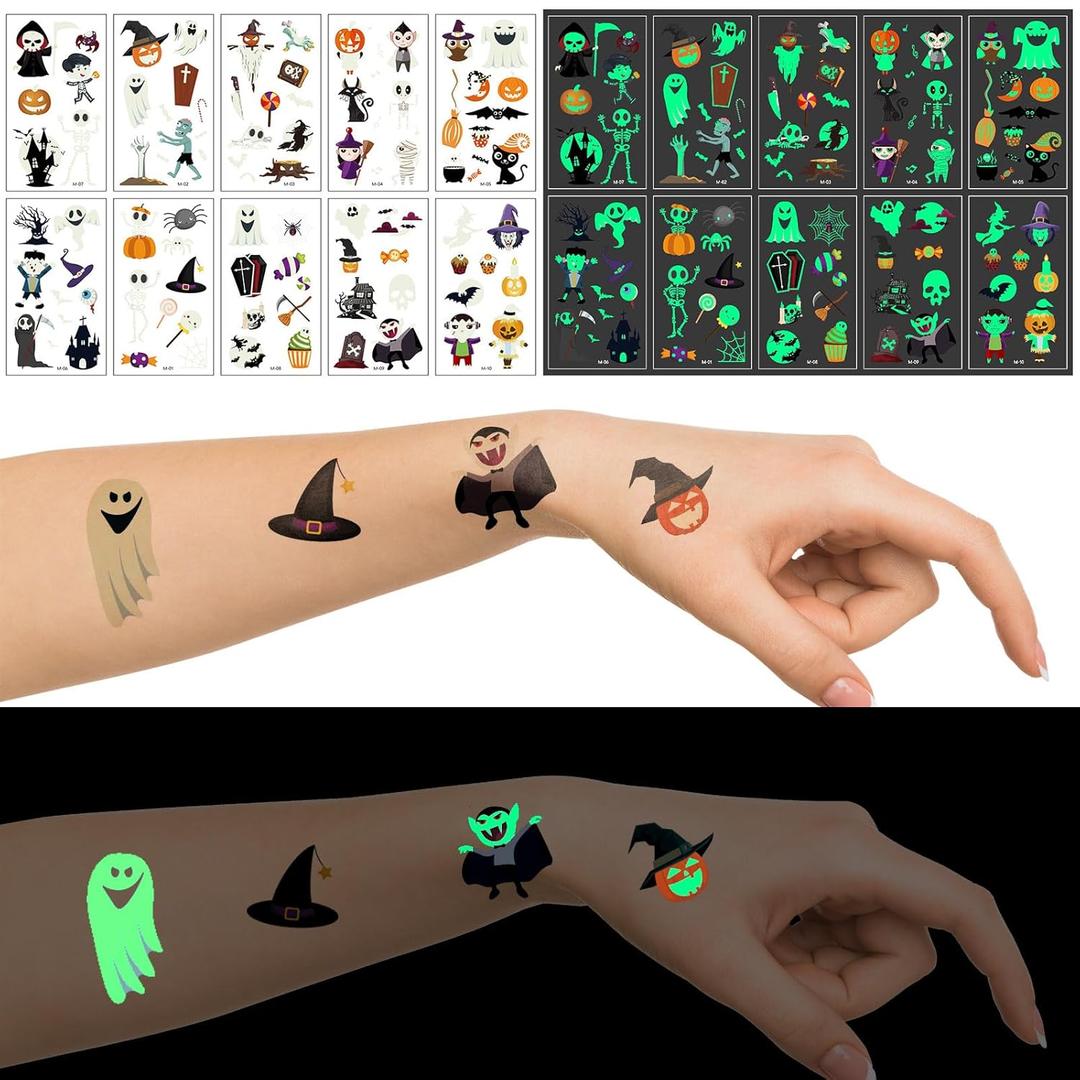 Pack of 3 Luminous Halloween Temporary Tattoos for Kids Halloween Party Favors, 10 Sheets Glow in The Dark Halloween Decorations Tattoos for Kids, 100 Styles Glow Tattoos Stickers for Goodie Bag Fillers Pack of 3 Luminous Halloween Temporary Tattoos for Kids Halloween Party Favors, 10 Sheets Glow in The Dark Halloween Decorations Tattoos for Kids, 100 Styles Glow Tattoos Stickers for Goodie Bag Fillers