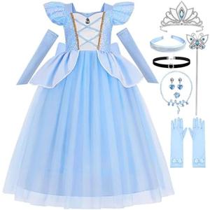 Luzlen Cinderella Costume for Girls Kids Blue Princess Dress with Accessories Halloween Birthday Party Outfits, 120