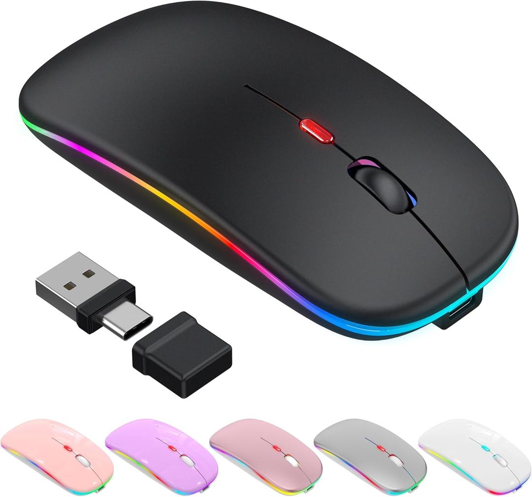 Bluetooth Wireless Mouse for MacBook Air Mac Pro iPad ,LED Rechargeable Silent Mouse with 2.4GHz USB-A/USB-C Receiver & Mouse Jiggler, Compatible with Laptop MacBook IPad Mac Tablet PC- Matte Black