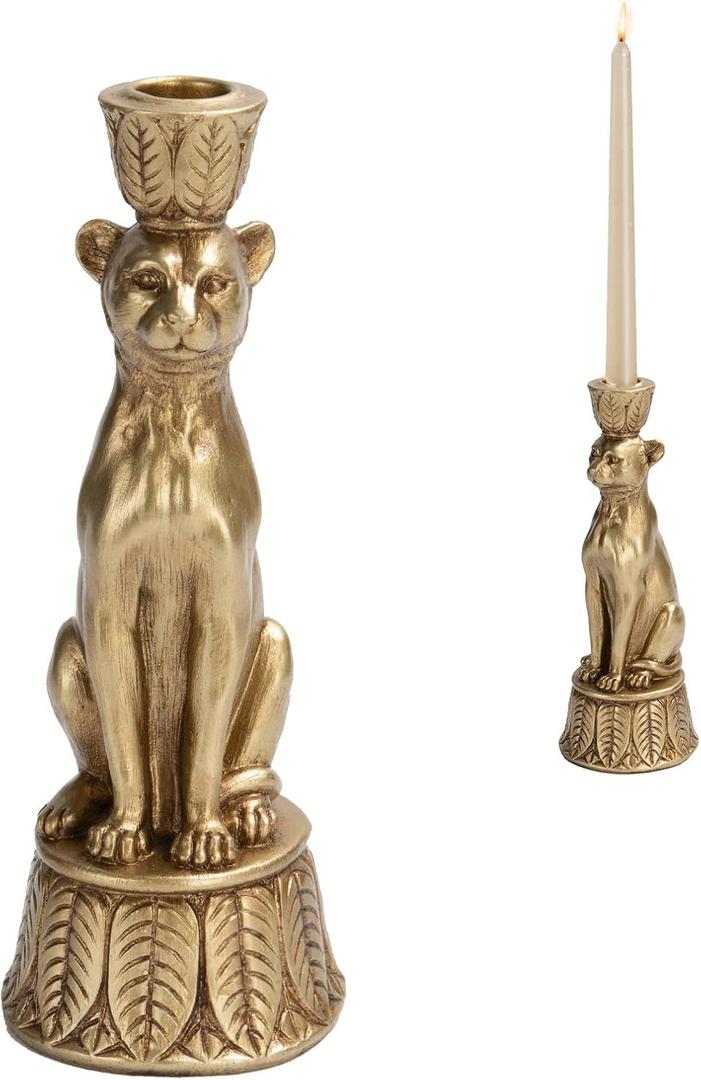 Candle Stick Holder Table Decor - Leopard Resin Modern Golden Candlestick Holder Coffee Table Decor Gold Candle Stand for Living Room 3.25 x 3.25 x 9.25 Inch Guichifun