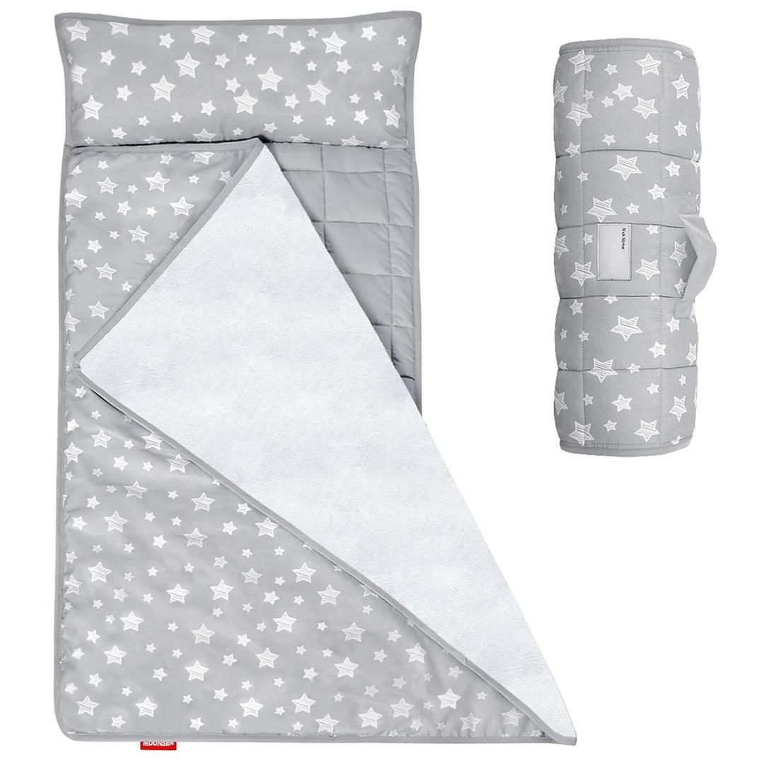 Moonsea Toddler Nap Mat with Pillow and Fleece Minky Blanket Grey, Lightweight and Soft Perfect for Toddlers Preschool, Daycare, Travel Sleeping Bag for Girls, 21" x 50" Fit on a Standard Cot