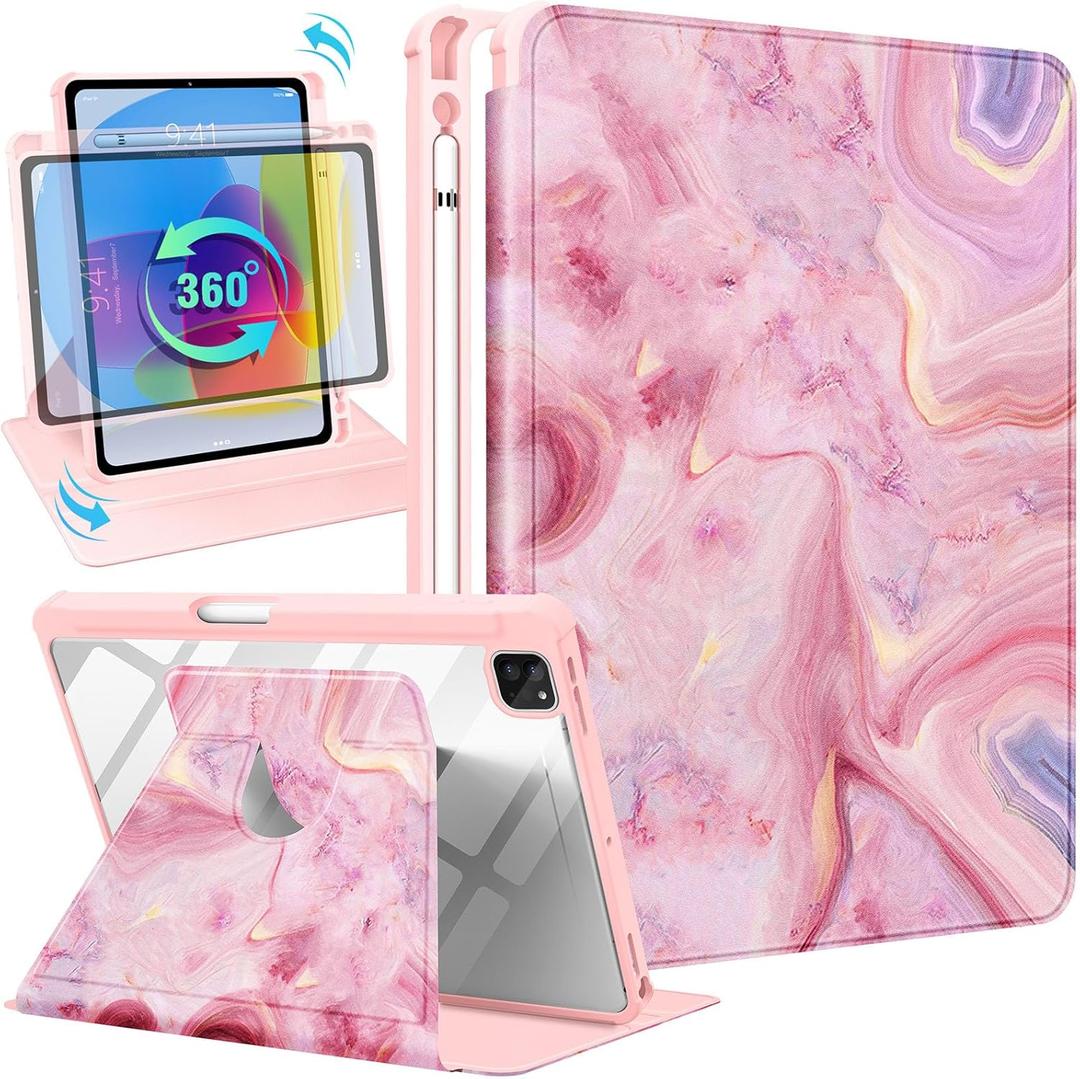 Uppuppy for iPad Pro 12.9 Case Folio Cover with Pencil Holder Women Girls Cute Girly Kawaii Teens Aesthetic Unique Fashion Rotating Stand for Apple iPad Pro 12.9 Inch Cases 2022/2021/2020/2018 (1-Pink Marble)
