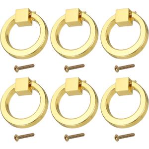 PATIKIL 6Pack Drawer Ring Pull Handles, 1.57" Zinc Alloy Hole Ring Cabinet Knobs with Screws for Cupboard Cabinet Drawer Dresser Closet Door, Gold