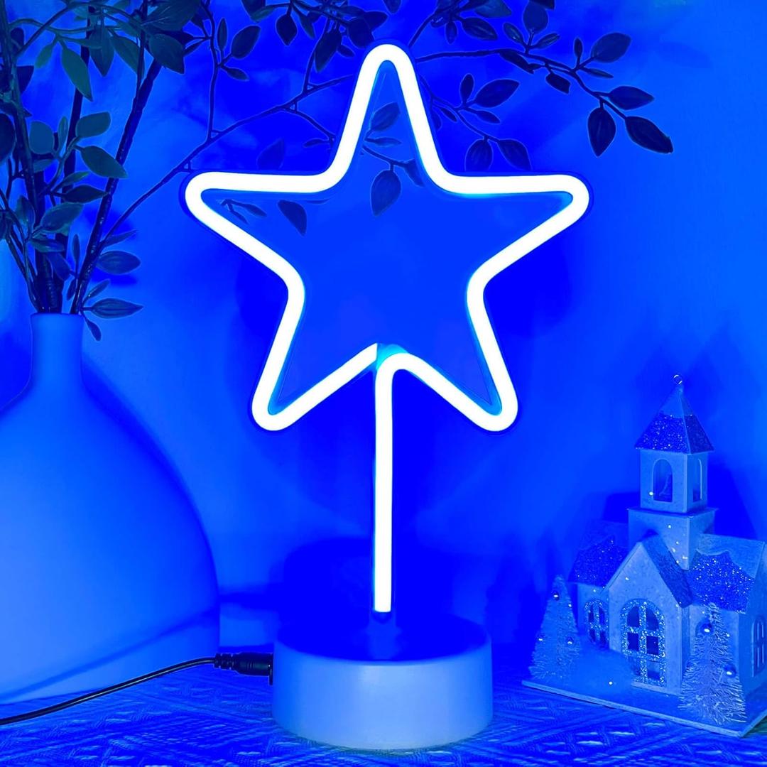 Star Neon Sign Neon Blue Light, USB/Battery Operated LED Sign with Base Stand Star Table Lamp for Night, Blue Christmas Wedding Birthday Decor for Room Bedroom Nursery Classroom Desk Shelf