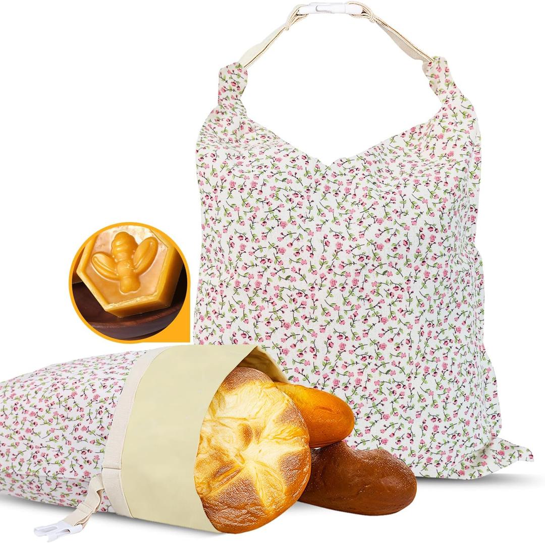 2 x 2 Pack Beeswax Bread Bags - 17x13 Inch Reusable Bread Storage Bags,Bees Wax Lined Bread Bags for Home Cooks fresh bread storage Easy Clean (Pink Floral), 17 Inches By 13 Inches