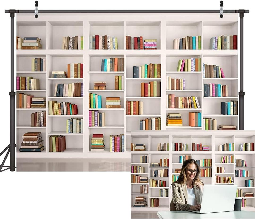 LYWYGG 7X5FT Bookshelf Backdrop Bookcase Backdrop Library Office Background for Video Conference Vintage Party Books CP-259 White