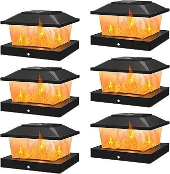 APONUO Solar Post Cap Lights with Flickering Flame & Warm White, 6-Pack for 4x4 Wood/Vinyl Posts, Solar Powered Deck & Fence Lights, Auto On/Off, IP65 Waterproof, Glossy Black