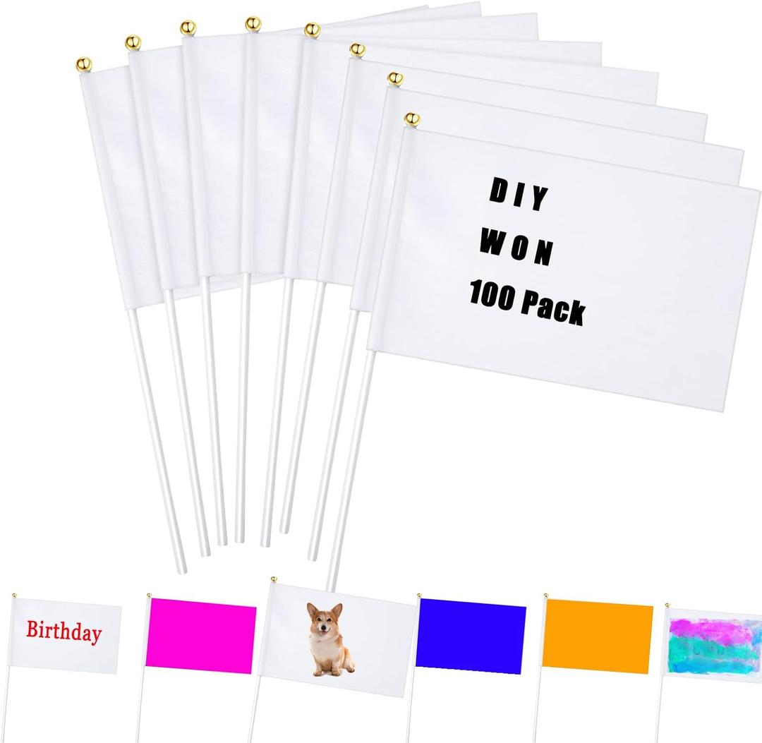 100pcs White Flag Blank Flags Small Mini Plain White 8.3 * 5.5in Marking DIY Flags On Stick,for Party Decorations for Parades,Grand Yard,Birthday,Dog Training Party Events (100)