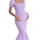 Maternity Summer Midi Bodycon Dresses, Short Puff Sleeve Square Neck Ruffle Hem Mermaid Baby Shower Dress Purple S (Purple, S)