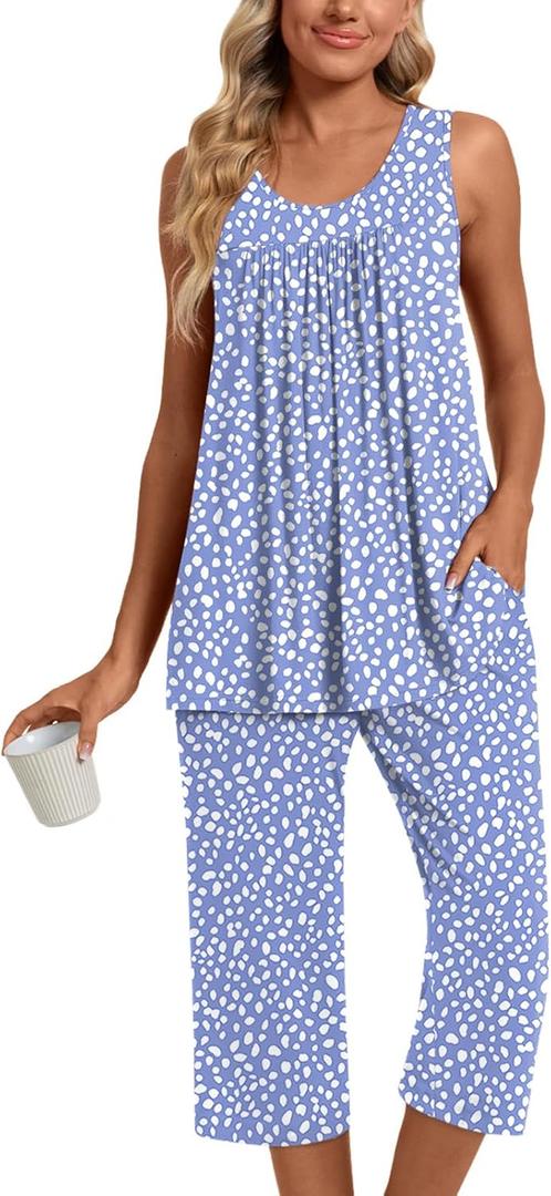Womens Pajama Sets, Sleeveless and Capri Pjs Set 2 Piece Summer Sleepwear with Pockets Soft Loungewear (Purple, XXL)