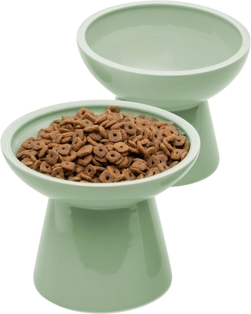 CEEFU 2 Elevated Ceramic Cat Bowls Extra Wide for Food & Water Whisker Fatigue Shallow Food Dish, Lead & Cadmium-Free, Raised Height for Cats, Sage Green
