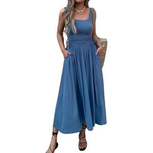Mieazom Women’s Boho Summer Maxi Dress with Pockets, Adjustable Waist, Sleeveless Casual Ruched Sundress for Beach Vacation, S