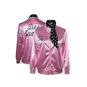Lixinya Women's 50s Ladys Pink Satin Jacket Jacket with Neck Scarfs Halloween Cosplay Costume (S)