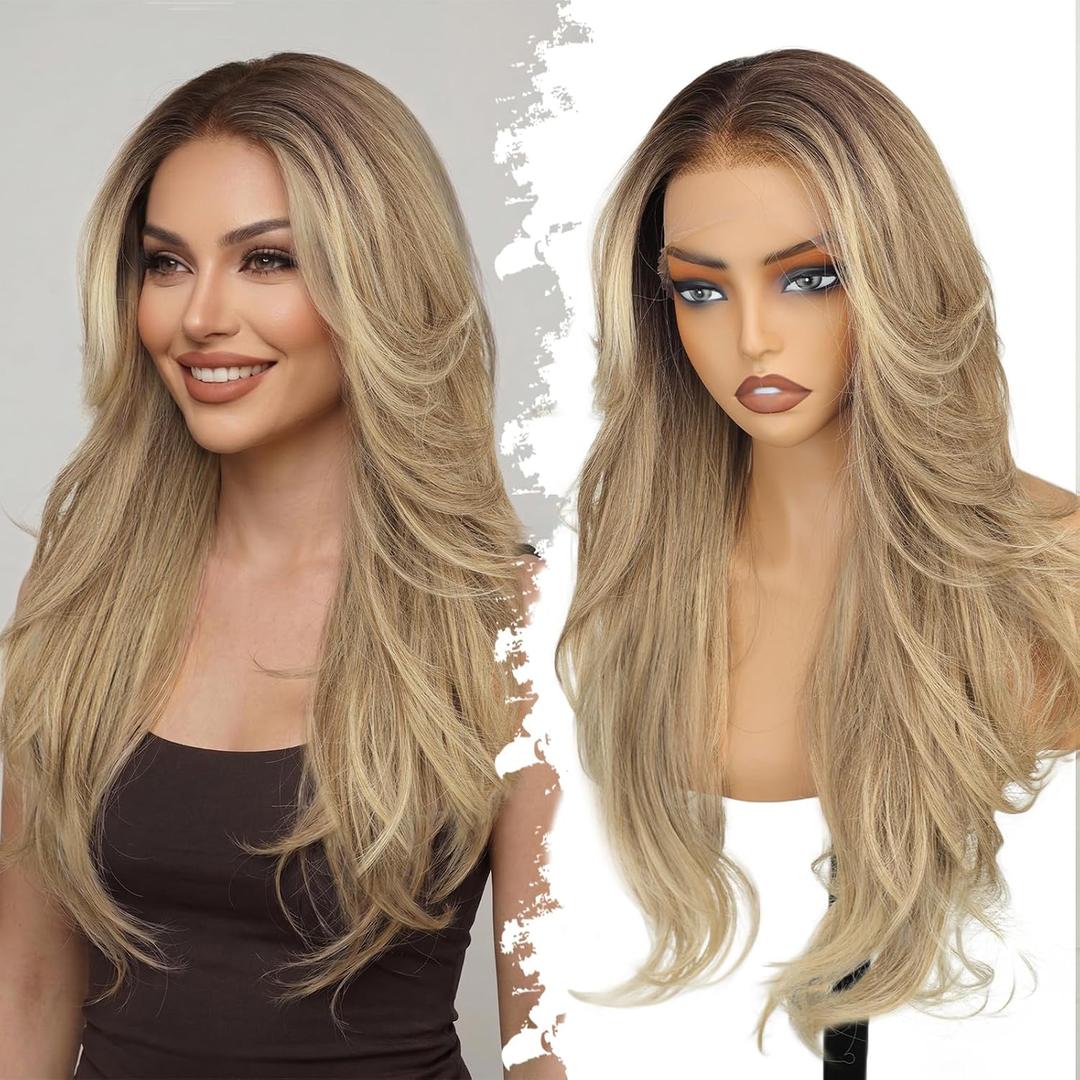 Eawwii 13x4 HD Lace Front Glueless Wigs for Women Ombre Blonde Long Layered Wave Wig Natural Hairline Heat Resistant Synthetic for Daily Use Beginner Friendly 26 Inch