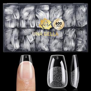UNA GELLA 600Pcs Short Coffin Nail Tips, Short Coffin Gel Nails Tips Pre Etched 12 Sizes Soft Gel Fake Nails Tips Pre-file Full Cover for Nail Extension Home DIY Salon with Box