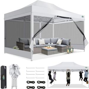 COBIZI 10x15 Canopy Tent, Heavy Duty Pop up Canopy with Sidewalls, Waterproof Easy Setup Canopy with Mosquito Netting, Outdoor Instant Screen Tents for Parties, Wedding, Backyard with Carry Bag, White