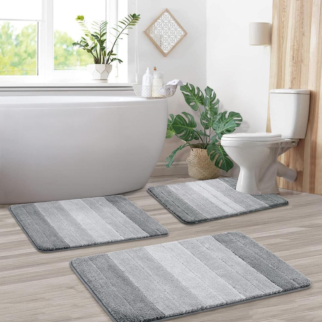 Kmson 3 Pcs Ombre Bathroom Rugs Set with U-Shaped Mat, Non Slip,Quick Drying, Ultra Soft and Water Absorbent Bath Carpet for Bedroom Floor Living Room,Machine Washable,Grey