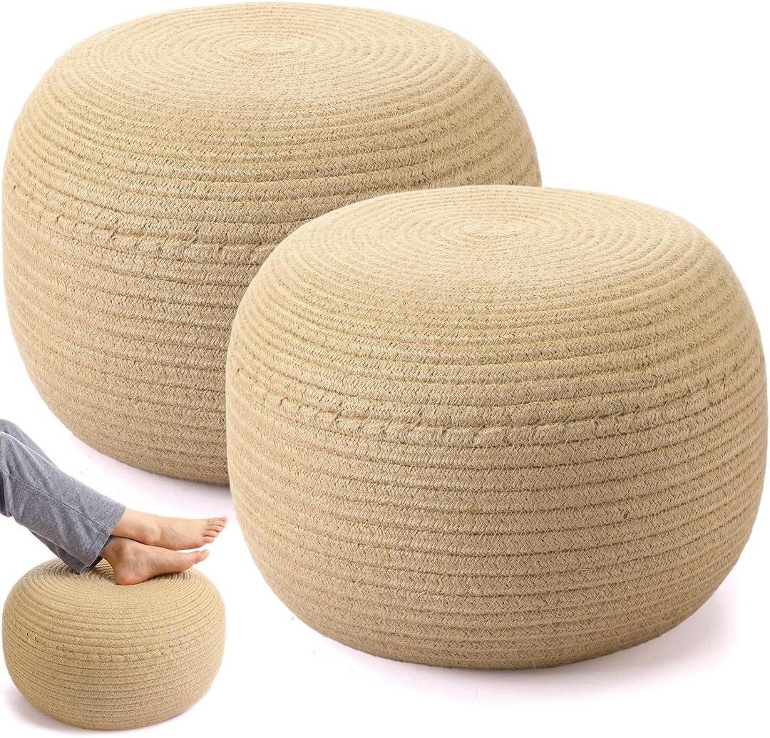 Briwooody 2 Pcs Handmade Round Jute Low Pouf Ottoman - Braided Floor Seating Cushion, 16" x 16" x 8" Natural Fiber Foot Rest Stool, Boho Decor for Living Room, Bedroom, and Patio