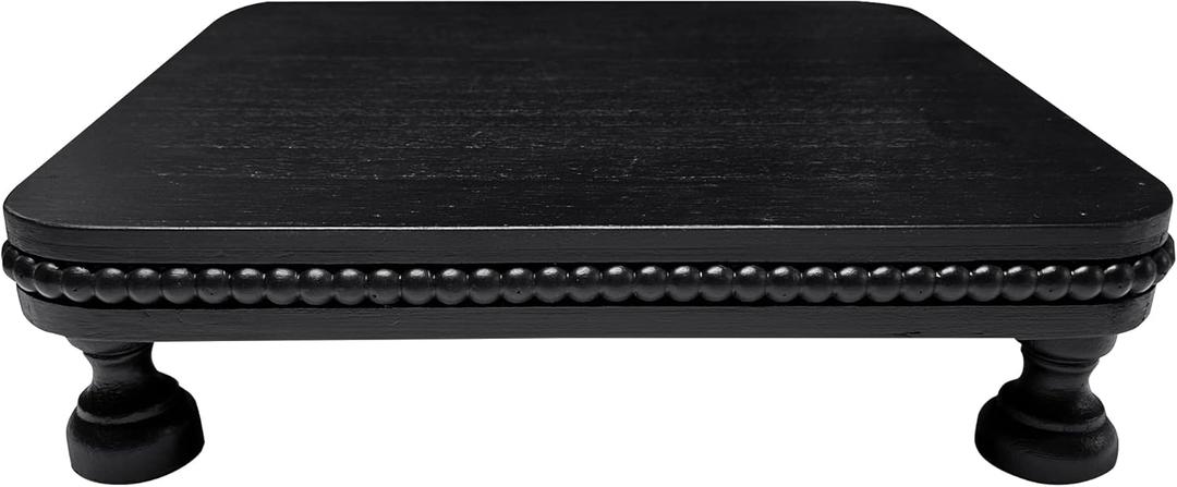 Dwellington Farmhouse Display Wood Riser, 12" Decorative Black Beaded Pedestal Stand, Square Tiered Tray Decor for Kitcher Decor, Countertop