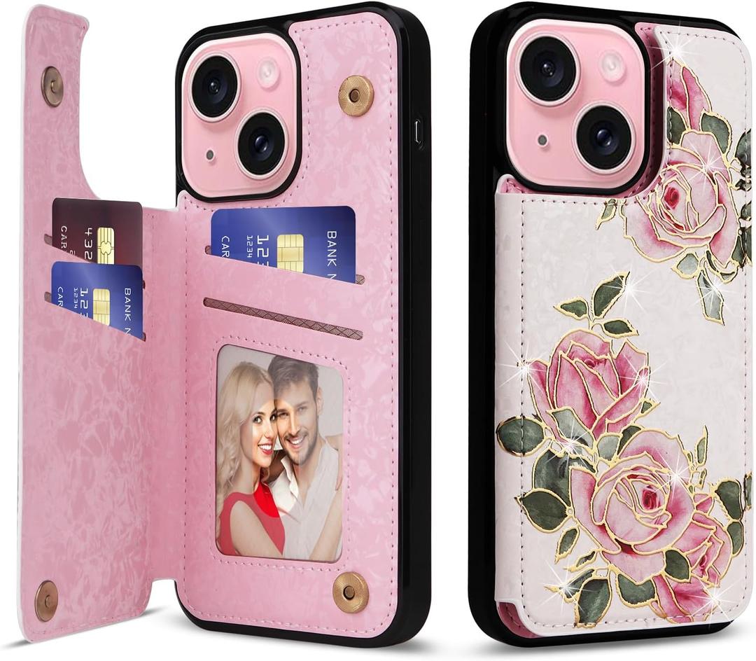 UEEBAI Wallet Case for iPhone 14 with Card Holders, PU Leather Cover Kickstand RFID Blocking Double Magnetic Clasp Rilievo Flower Shockproof Flip Case for Women Girls - Rose Flower