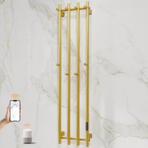 ENZE Smart Heated Towel Rack, Wall Mounted Electric Towel Warmer 300W for Bathroom, WiFi App Control, LED Touch Screen, Adjustable Temperature, 24H Timer, Vertical Model, IPX5, Plug-in/Hardwired, Gold