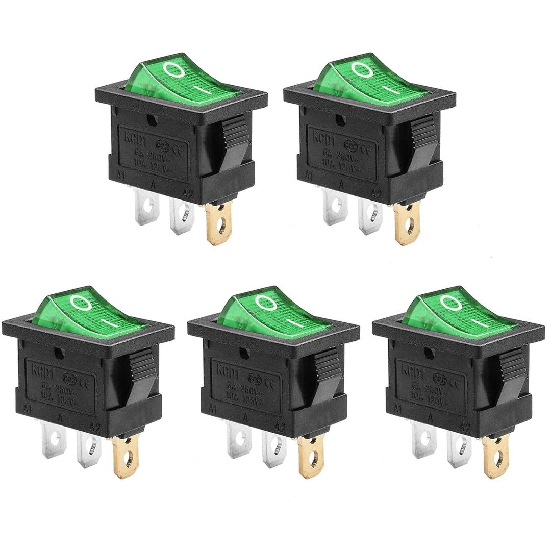 QTEATAK KCD1 SPST On/Off 3-Pin 2-Position Snap DC 12V-24V 20A Green LED Boat Rocker Toggle Switch - 5Pack (Only for DC12-24V)