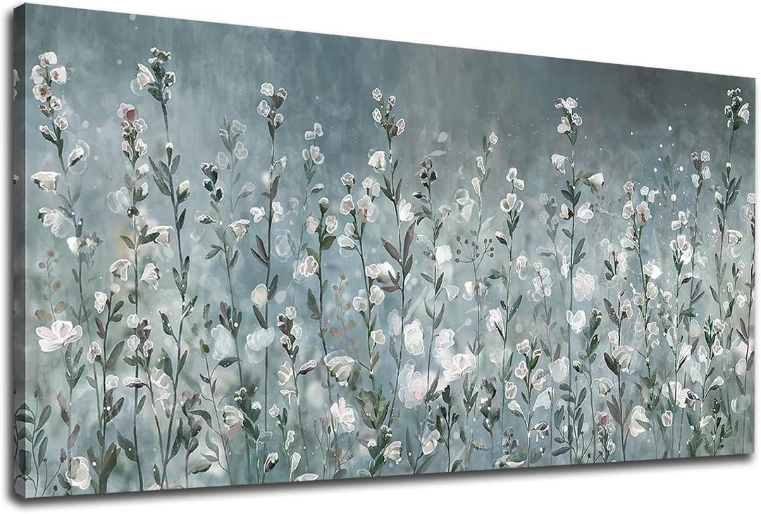 NINEASO Abstract Flower Wall Art - Elegant Translucent White Wildflowers Pictures Botanical Wall Decor Grey Blue Green Bloom Painting Prints Artwork for Living Room Bedroom Home Office 24" x 48"