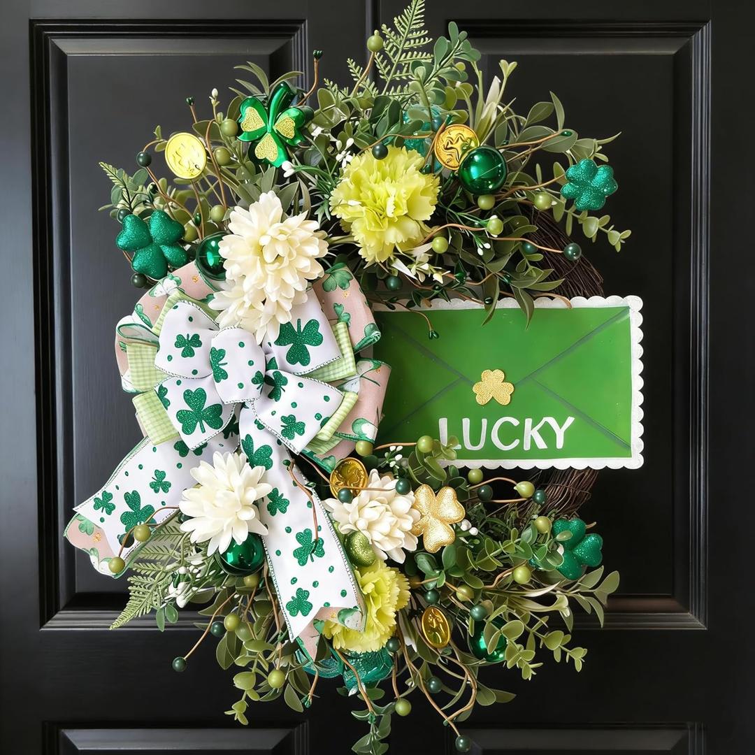 20 Inch St. Patrick's Day Wreath, Lucky Clover Front Door Wreath with Green Lucky Sign & Bow, Green Wreath for Home Porch Walls, Fireplaces, Courtyards Decor St. Patrick's Day Party Decor 