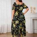 SCOMCHIC Womens Plus Size Maxi Dress Wedding Guest Tiered Long Dresses | Puff Short Sleeve Floral Dress, Elegant Cocktail Dress, Evening Party Dress, Formal Dresses, Summer Dresses, Dress with Slit (XXL)