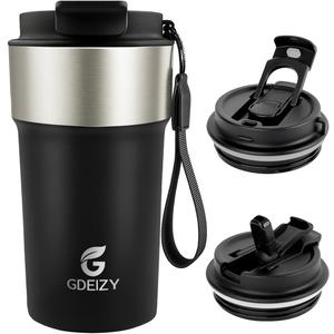 Insulated Coffee Mug, 17oz Stainless Steel Travel Mug with Flip-Top Straw Lid, Leak Proof Vacuum Insulated Tumbler, Reusable Coffee Cup for Hot & Cold Drinks, Black