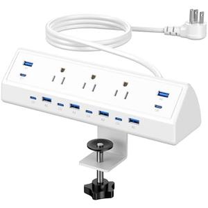 Jgstkcity 130W Desk Clamp Power Strip, 12 USB Ports (6 PD 65W USB-C),Surge Protector,ETL Listed Power Hub Extension Cord,Fast Charging Station for Home Office Desk Edge Mount (White, 12 USB-130W)