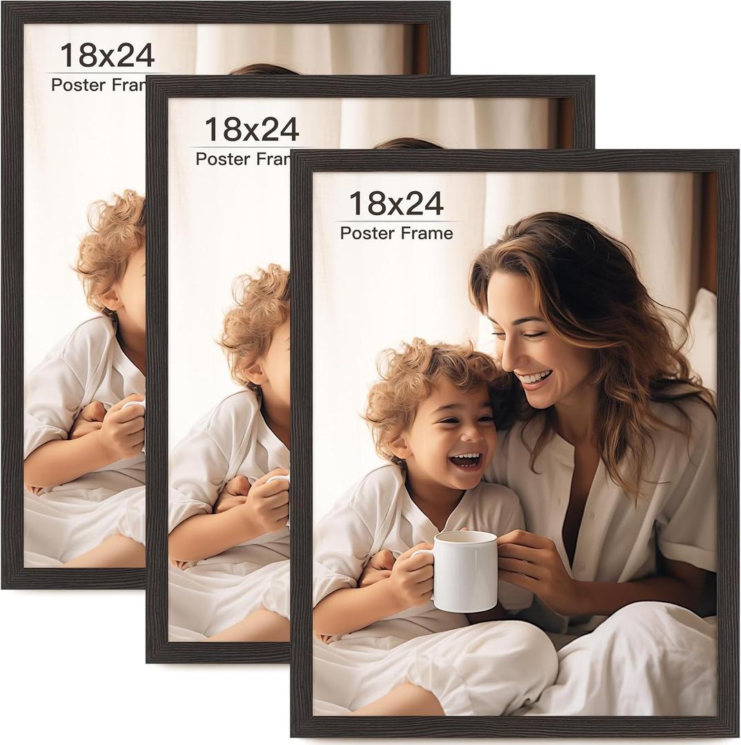 18x24 Picture Frame Set of 3, Black Wood Grain 18 x 24 Frame for Horizontal and Vertical Wall Mounting (3 pack,Black)